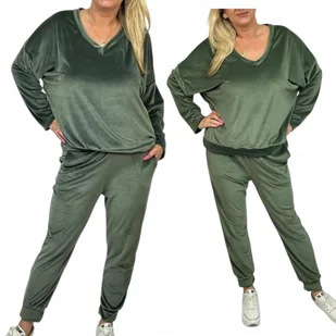 DRES WELUROWY komplet mięsisty przez głowę wygodny 46 48 3XL 4XL khaki mi - Dresy damskie - miniaturka - grafika 1