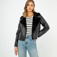 Kurtki damskie - Damska ramoneska z ekoskóry futerkowa czarna - miniaturka - grafika 1