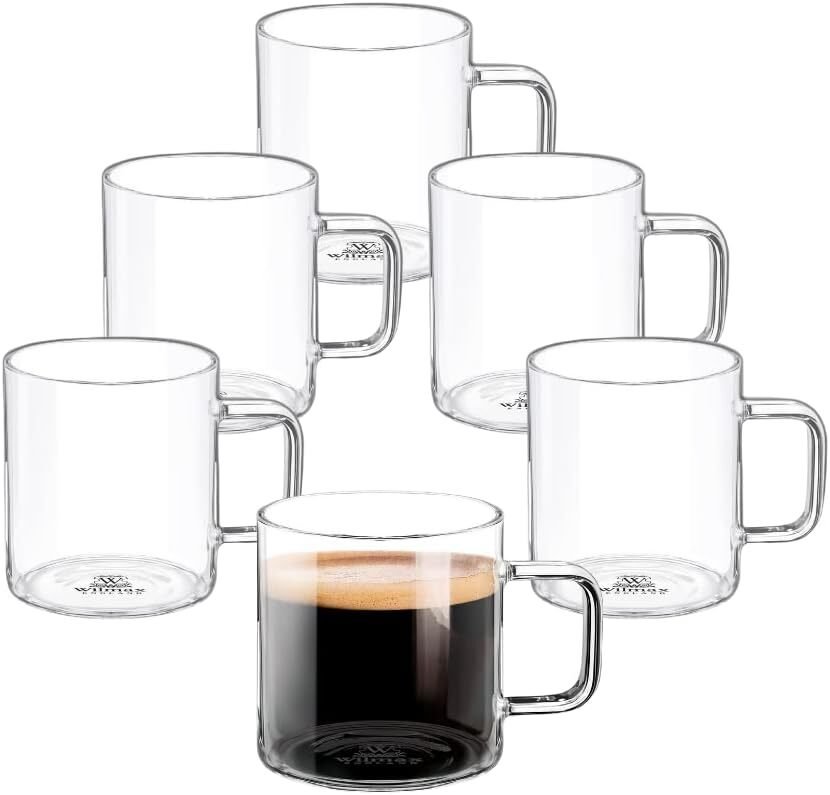 Wilmax szklanki do herbaty i kawy z uchwytem zestaw 6 320 ml szklanki do gorących i zimnych napojów kubki do kawy kieliszki do grzanego wina szklanki do wody