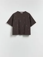 Koszulki i topy damskie - Reserved - Bawełniany t-shirt z aplikacją - ciemnobrązowy - miniaturka - grafika 1