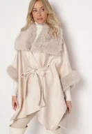 Płaszcze damskie - Beżowy Płaszcz z Wiązaniem w Pasie i Futerkiem Ozdobiony Wycięciami po Bookach Sartellia - miniaturka - grafika 1