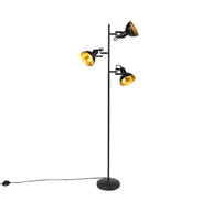 Lampy stojące - QAZQA Industrialna lampa podłogowa czarna ze złotym wnętrzem 3-źródła światła - Tommy - miniaturka - grafika 1