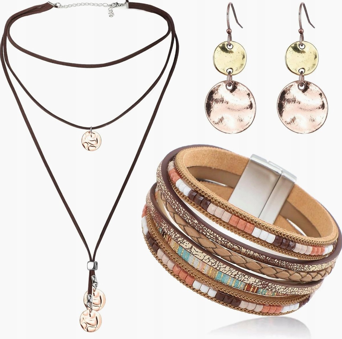 BIŻUTERII ZESTAW 3 SZTUKI NASZYJNIK BRANSOLETKA KOLCZYKI BOHO VINTAGE