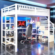 Łóżka dla dzieci i młodzieży - Łóżko piętrowe 140 x 200 cm z biurkiem, półkami - MDF + rama żelazna - listwa świetlna LED i port USB - białe (materac nie jest wliczony w cenę) - miniaturka - grafika 1