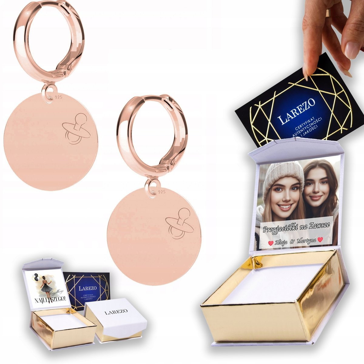 Kolczyki Pozłacane 925 Okrągła Blaszka ze Smoczkiem Smoczek Dziecko NADRUK