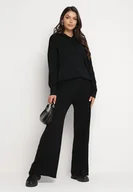 Komplety damskie - Czarny Dzianinowy Komplet Bluza z Kapturem w Warkoczowy Splot i Spodnie z Szerokimi Nogawkami Narahai - miniaturka - grafika 1