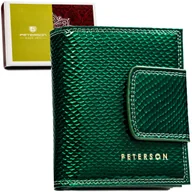 Portfele - Elegancki lakierowany mały zielony portfel damski na zatrzask i bigiel PETERSON skórzana pionowa portmonetka rozbudowana na karty ochrona RFID STOP .. - miniaturka - grafika 1
