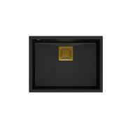 Zlewozmywaki - QUADRON Zlewozmywak granitowy jednokomorowy podwieszany 55 42 22,5 cm DAVID 50 Very Black czarny mat ze złotym odpływem - miniaturka - grafika 1