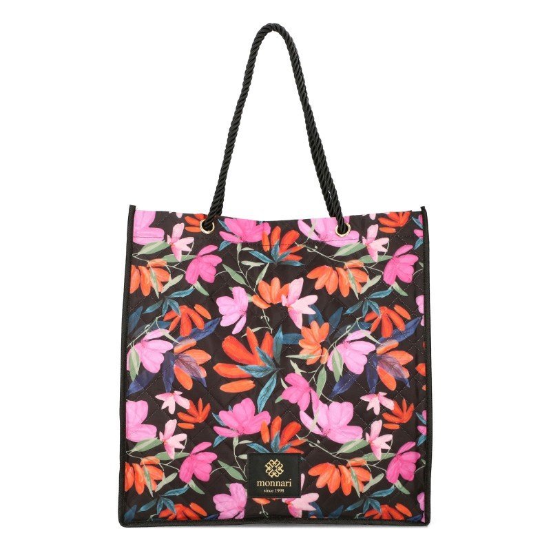 Torba Torebka Damska Na Zakupy MONNARI Duża Pojemna A4 w Kwiaty Czarna