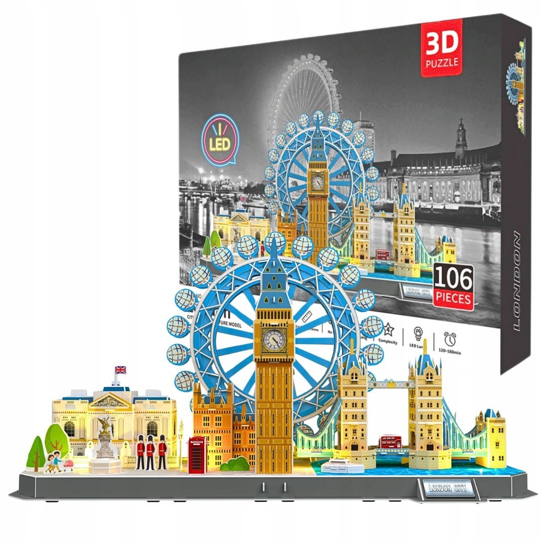 2 x PUZZLE 3D MIASTO LONDYN PANORAMA LONDON BIG BEN ŚWIATŁO LED 106 ELEMENT
