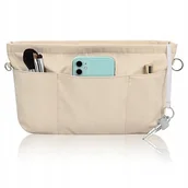 Akcesoria podróżnicze - ORGANIZER DO TOREBKI NYLONOWY BEŻOWY L 13 PRZEGRÓDEK DLA KOBIET metalowy - miniaturka - grafika 1