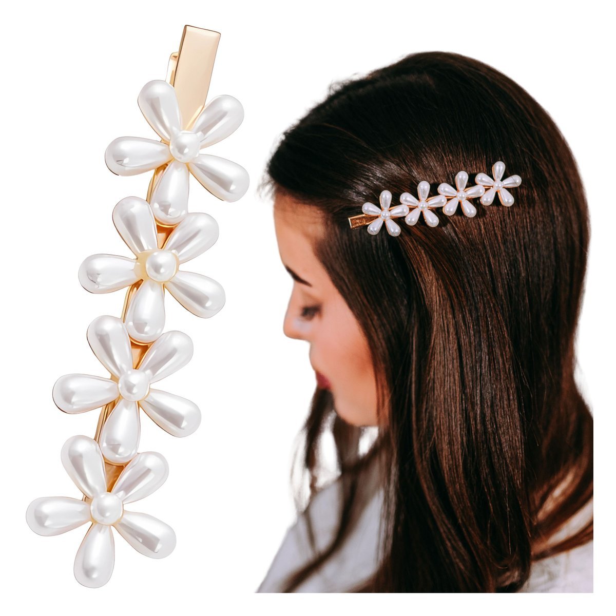 Spinka do Włosów Złota Biała Duża Wsuwka Kwiaty z Perłami Lekka i Wygodna