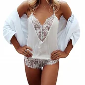 Komplety bielizny - KOMPLET BIELIZNY KOSZULKA NOCNA HALKA SEXY BODY BIAŁA BIELIZNA KORONKOWA - miniaturka - grafika 1