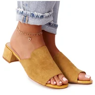 Klapki i japonki damskie - Zamszowe Klapki Na Obcasie Sergio Leone KL313 Żółte - miniaturka - grafika 1