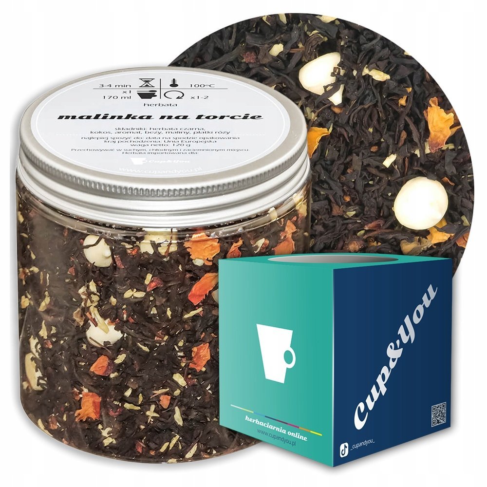 Herbata czarna MALINKA NA TORCIE o smaku słodkiej maliny z bezą PREMIUM - herbata liściasta sypana mieszanka napar susz - gotowa na prezent upominek