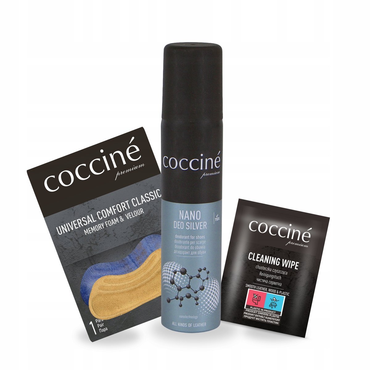 Zapiętki i Nano Dezodorant do Butów z Chusteczką Coccine Zestaw 3w1