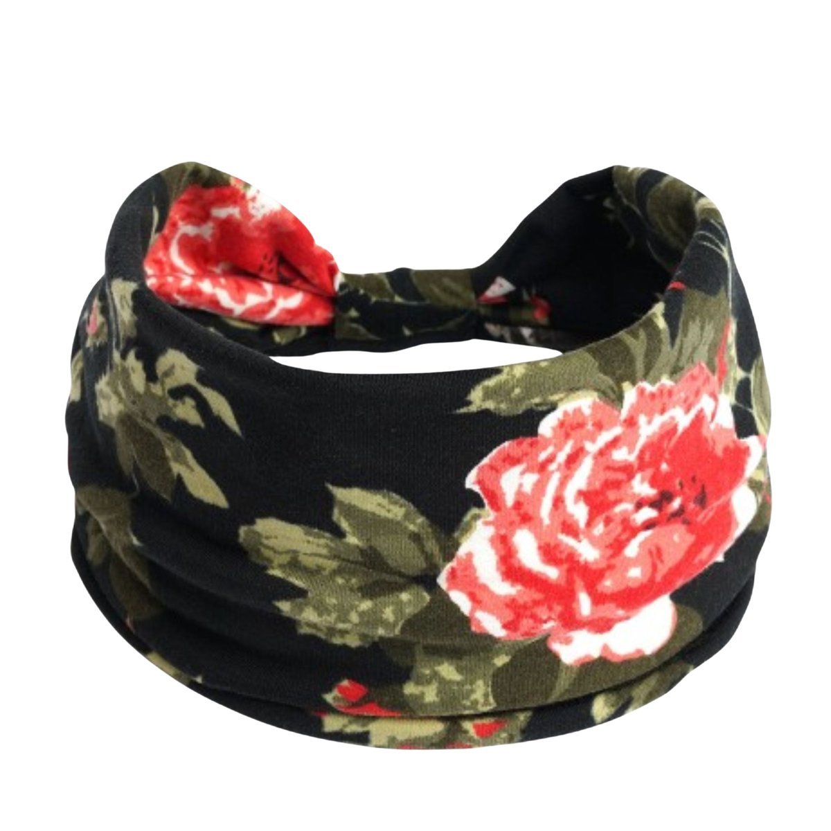 Opaska do Włosów Czarna Turban na Głowę Szeroka w Kwiaty MIŁA W DOTYKU
