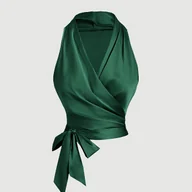 Koszule damskie - TEMU Elegancka bluzka damska z wycięciem na ramieniu i kokardką - stylowa jednokolorowa, bez rękawów, z dekoltem w kształcie litery V, na - miniaturka - grafika 1