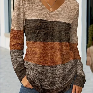 TEMU T-shirt z dekoltem w serek z blokami kolorów, swobodny top z długim rękawem na wiosnę i jesień, odzież damska - Bluzki damskie - miniaturka - grafika 1