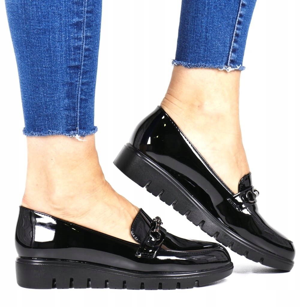 CZARNE MOKASYNY BUTY PÓŁBUTY KOTURNY WYGODNE LEKKIE WKŁADKA SKÓRA DAMSKIE