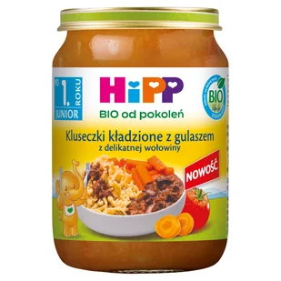 HiPP Junior Danie Bio, kluseczki kładzione z gulaszem z delikatnej wołowiny, po 1 roku, 250 g - Dania dla dzieci - miniaturka - grafika 1