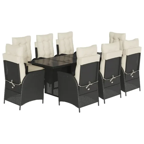 Zestaw mebli ogrodowych czarny, rattan PE, stół 190x80x74 cm, 8 poduszek
