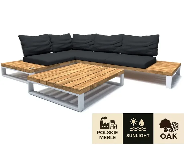 Zestaw mebli ogrodowych z dębu i metalu STAVRO NEVADA – sofa narożna + stol