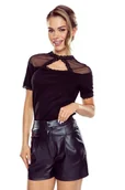 Bluzki damskie - Bluzka damska z krótkim rękawem tiutelm i koronką Bruna Eldar czarna  L - miniaturka - grafika 1