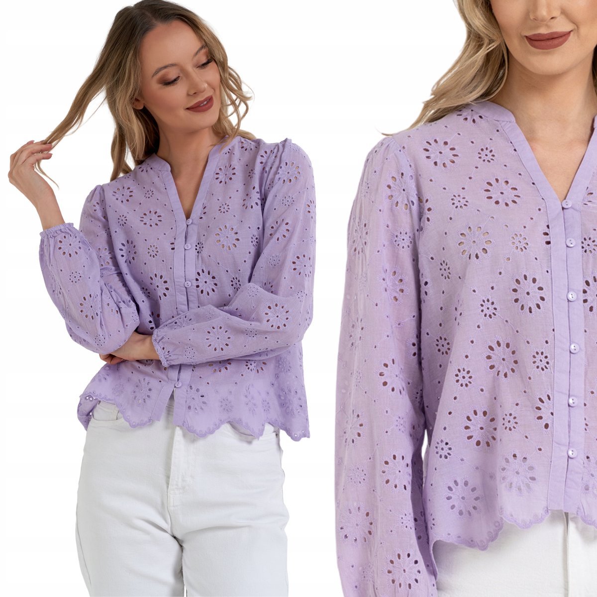 AŻUROWA KOSZULA DAMSKA Z DŁUGIM RĘKAWEM BAWEŁNIANA LUŹNY KRÓJ MORAJ M VIOLET
