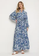 Sukienki - Niebieska Rozkloszowana Sukienka z Wiskozą w Kwiatowy Wzór Filirelle - miniaturka - grafika 1