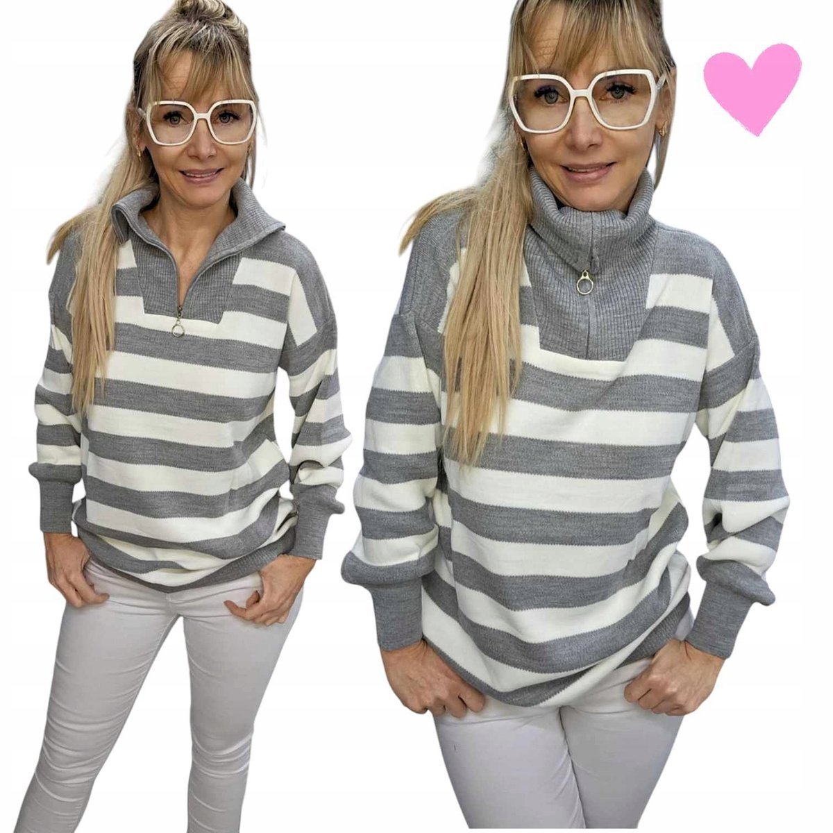 SWETER DAMSKI W PASKI GOLF dłuższy rozpinany ciepły szary 40 42 L XL