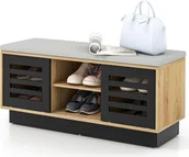 Szafki na buty - Ławka z miejscem do przechowywania, ławka na buty z 6 schowkami, 3 regulowanymi półkami i 2 przesuwanymi drzwiami, skrzynia z tapicerowanym siedziskiem (naturalna) - miniaturka - grafika 1