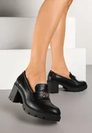 Półbuty damskie - Czarne Półbuty Mokasyny na Słupku Zdobione Aplikacją Zellecta - miniaturka - grafika 1