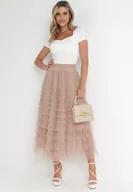 Spódnice - Brązowa Rozkloszowana Spódnica z Tiulowymi Falbankami i Gumką w Pasie Keleia - miniaturka - grafika 1