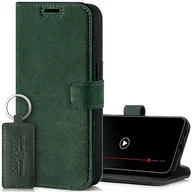 Etui i futerały do telefonów - SURAZO Etui na telefon komórkowy do Apple iPhone 15 Pro, skórzane etui ochronne z klapką z prawdziwej skóry [magnes, przegródka na karty, ochrona RFID, funkcja stojaka] etui z klapką (ciemnozielone) - miniaturka - grafika 1