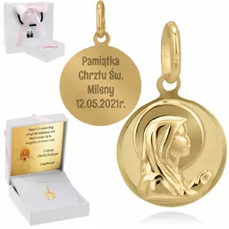 Złoty okrągły medalik Matka Boska próba 585 Grawer Indywidualna dedykacja - Dewocjonalia - miniaturka - grafika 1