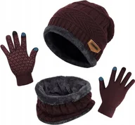 Czapki damskie - ZESTAW ZIMOWY CZAPKA RĘKAWICZKI GOLF SZALIK BARDZO CIEPŁE BORDOWY NA ZIMĘ - miniaturka - grafika 1