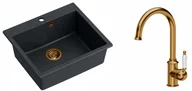 Zlewozmywaki z baterią - Quadron Zlewozmywak granitowy jednokomorowy 57*50*22 cm MORGAN 110 BLACK DIAMOND z miedzianym odpływem z baterią RACHEL Q LINE kolor miedziany - miniaturka - grafika 1