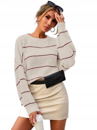 SHEIN SWETER ECRU Z DŁUGIM RĘKAWEM W PASKI S ŁŁG