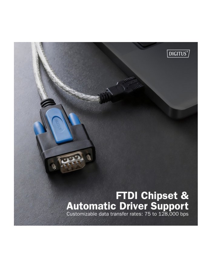digitus Kabel adapter USB 2.0 do RS232 DB9 Chipset FTDI FT232RNL PVC, transparentny Mocowanie na śruby 1.8m DA-70170