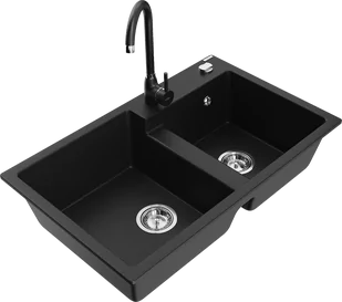 Mexen Tomas zlewozmywak granitowy 2-komorowy z baterią kuchenną Telma, czarny - 6516-77-670200-70 - Zlewozmywaki z baterią - miniaturka - grafika 1