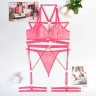 Komplety bielizny - Lateksowy zestaw bielizny z łańcuszkami - Neonowy różowy L - miniaturka - grafika 1