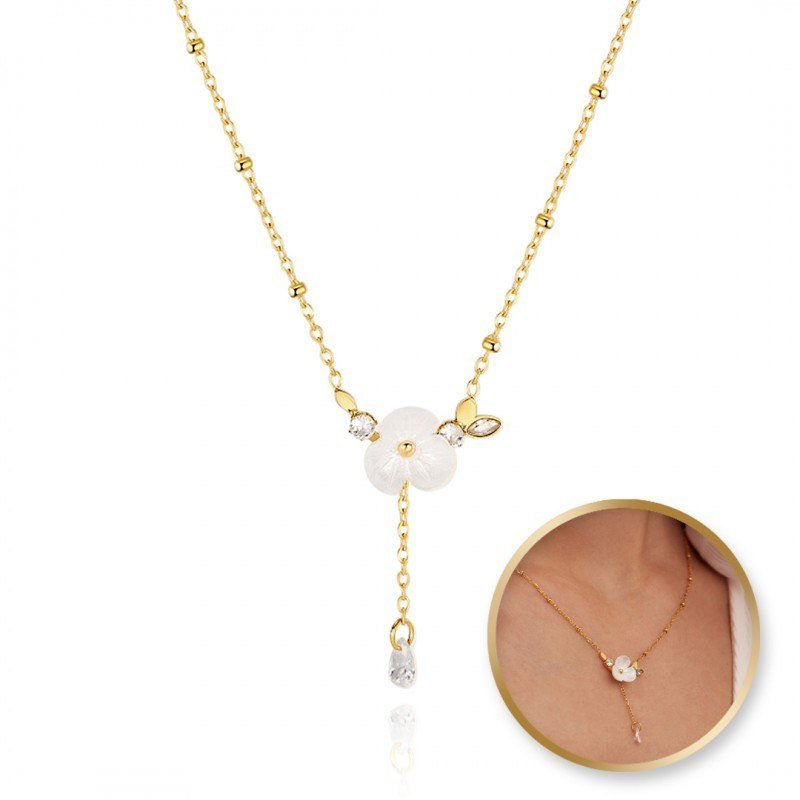 Naszyjnik Stal Szlachetna Pozłacana 14K Złotem, Biały Kwiat, Cyrkonie Nst2146