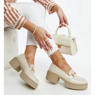 Mokasyny damskie - Beżowe półbuty na obcasie eko-skórzane Vinceza beżowy - miniaturka - grafika 1