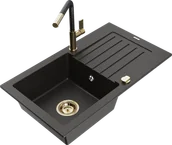 Zlewozmywaki z baterią - Mexen Pablo zlewozmywak granitowy 1-komorowy z ociekaczem i baterią kuchenną Flora, czarny/złoty metalik - 6510-75-670401-57-G - miniaturka - grafika 1