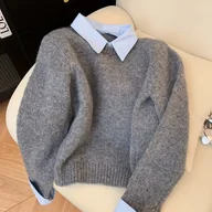 Swetry damskie - TEMU Elegancki dwukolorowy kardigan damski - szykowny beżowo-biały , długi rękaw, zapinany na guziki, miękki sweter na jesień/zimę, stylowy element - miniaturka - grafika 1