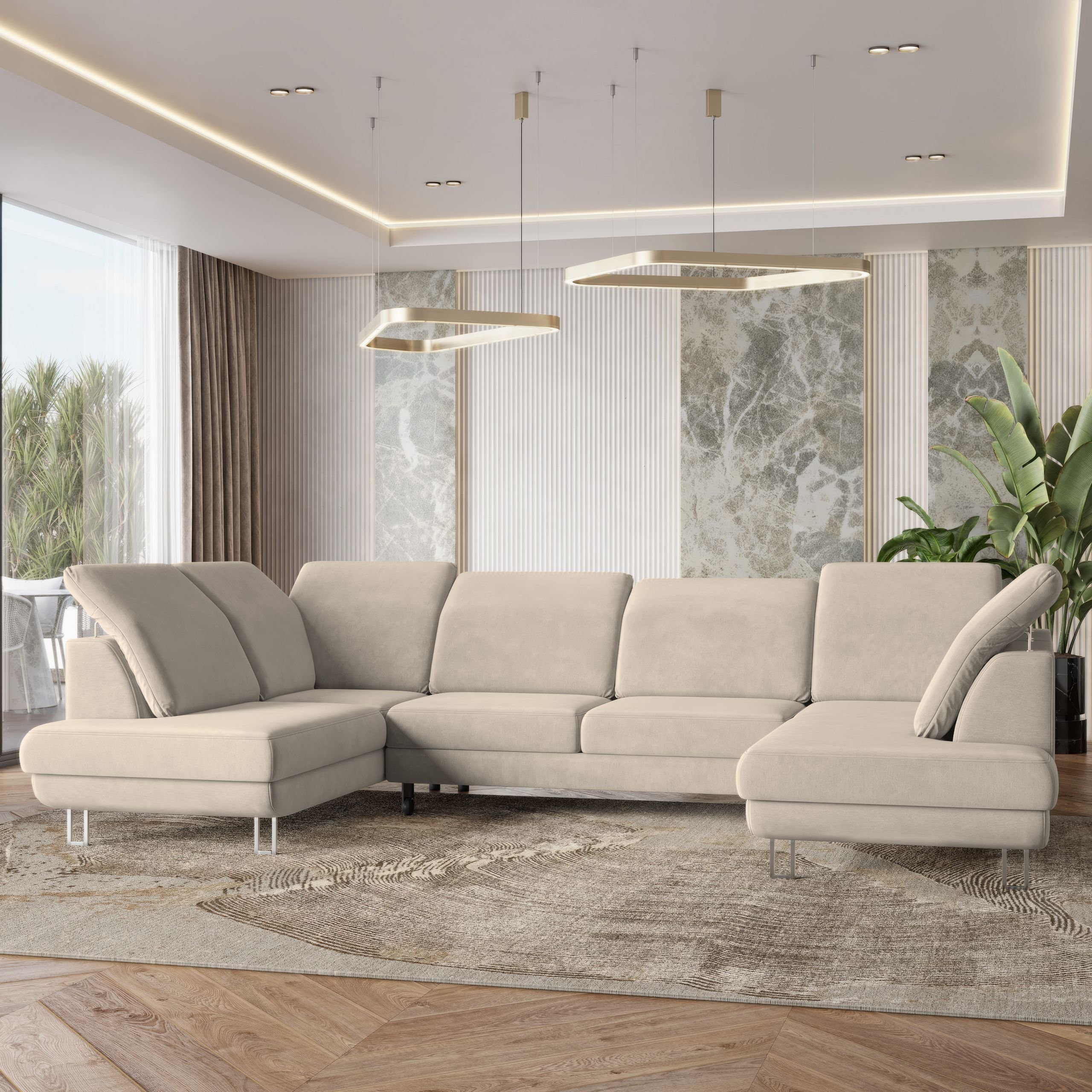 Masseno Narożnik TERAMO z funkcją spania i pojemnikiem na pościel Kształt U, Rozkładana sofa, Rogówka - Kremowy, MONOLITH 04