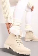 Botki damskie - Beżowe Ocieplone Botki Trapery z Futerkiem Wokół Cholewki Atuval - miniaturka - grafika 1