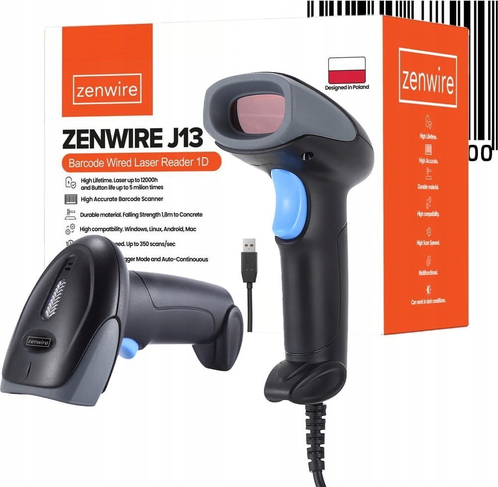Zenwire Czytnik Kodów Kreskowych EAN USB Przewodowy 1D J13