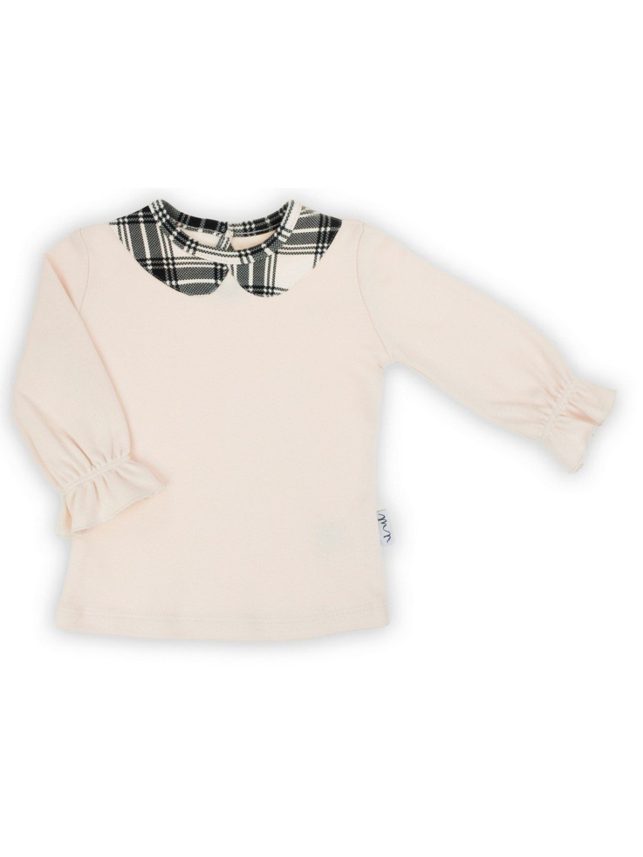 Dziewczęca bluzka z długim rękawem i kołnierzykiem w kratkę beżowa Nicol,r.110